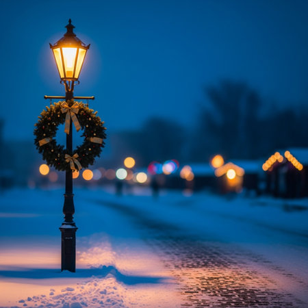 Lantern on the street at night in winter. Christmas backgroundの素材