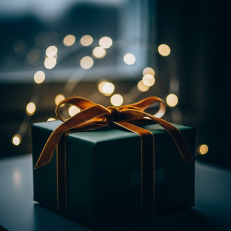 Gift box with golden bow on dark background with bokeh lightsの素材