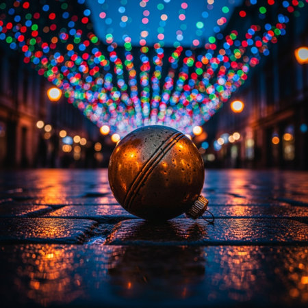 Christmas ball on the street with colorful bokeh lights in the backgroundの素材