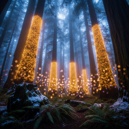 Giant redwood trees with Christmas lights in the misty forestの素材