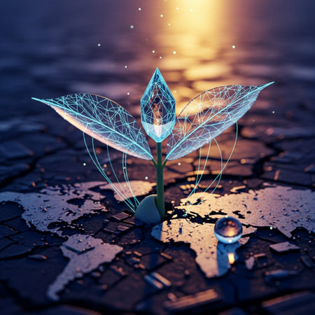 Conceptual image with polygonal plant growing out of cracked earthの素材