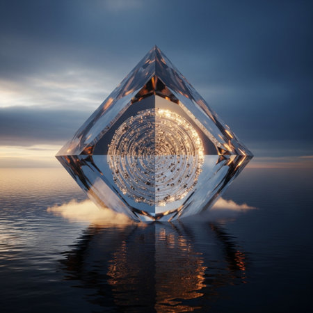 3d rendering of a crystal cube with reflection on the water surfaceの素材