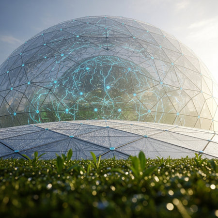 Global network connection over the green grass field and blue sky background.の素材