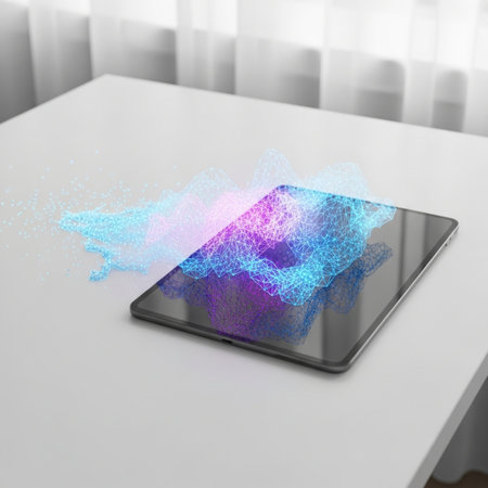 Tablet with abstract hologram on it. 3d rendering.の素材