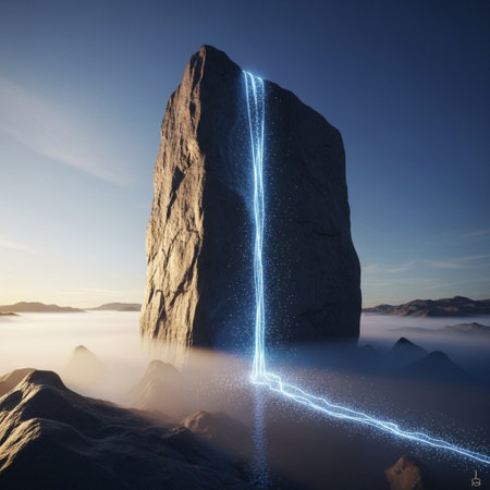 Digital composite of Blue light trail over a rock in the fog.の素材