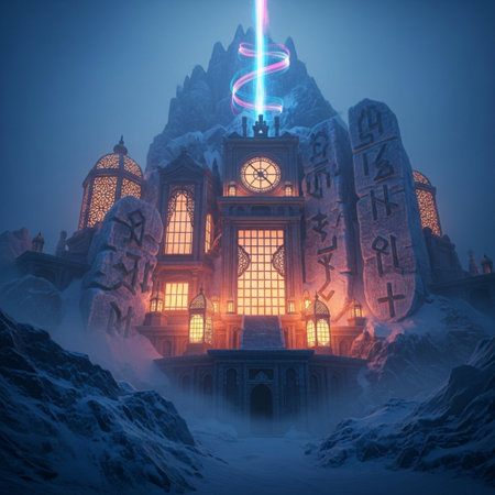 Fairytale castle in the snowy mountains at night. Fantasy scene.の素材