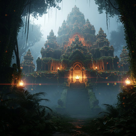 Mystical Hindu temple in the mist. 3D Renderingの素材