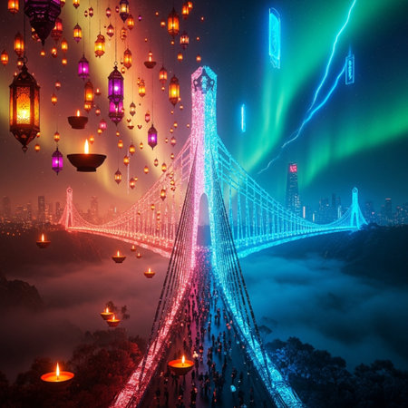 Lanterns hanging on the bridge in the fog at nightの素材