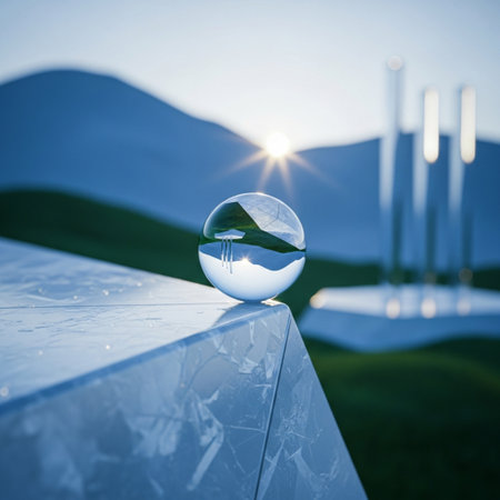 Glass ball with wind turbines in the background. 3D rendering.の素材