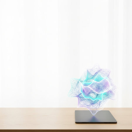 Tablet with digital flower on wooden table over white wall background, stock photoの素材