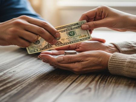 Hands of man and woman holding dollar banknotes on wooden tableの素材