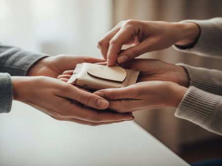 Close-up image of female hands holding wooden box with cosmetics.の素材