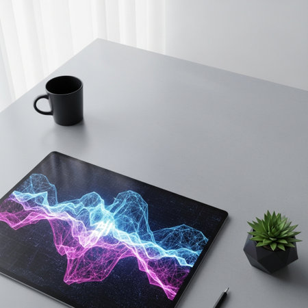 Tablet closeup with technology theme drawing on screen. 3d rendering.の素材