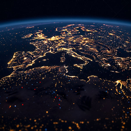 Africa at night with visible city lights. 3D illustration.の素材