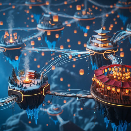 3d rendering of a fantasy city with lanterns in the skyの素材