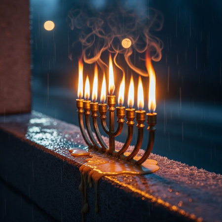Jewish holiday Hanukkah. Candelabrum with burning candles in the rain.の素材