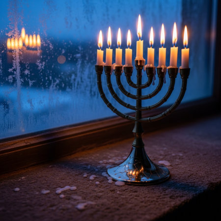 Jewish holiday Hanukkah with menorah (traditional candelabra) and burning candlesの素材