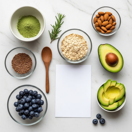 avocado, blueberry, oatmeal, almond, flax seeds on white marble backgroundの素材