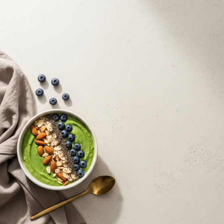 Green smoothie bowl with blueberry, almond and chia seeds on white backgroundの素材