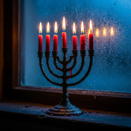 Menorah with burning candles on the background of the window at nightの素材