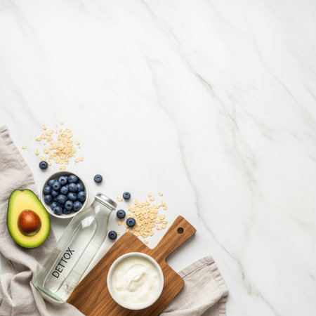 Healthy breakfast with oatmeal, avocado, blueberries and yogurtle backgroundの素材