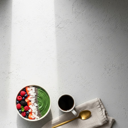 Green smoothie bowl with berries, cup of coffee and spoon on light backgroundの素材