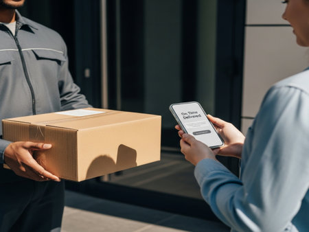 cropped shot of delivery man holding box with parcel and woman using smartphoneの素材