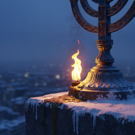 Burning candle in the shape of a menorah on the background of the city.の素材