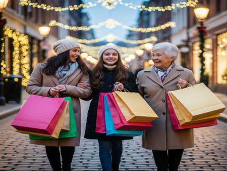 happy family with shopping bags walking on christmas street and looking at cameraの素材