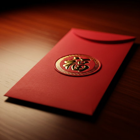 Red Envelope on a wooden background. Shallow depth of field.の素材