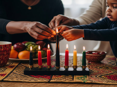 African american family celebrating Hanukkah with lit candles.の素材