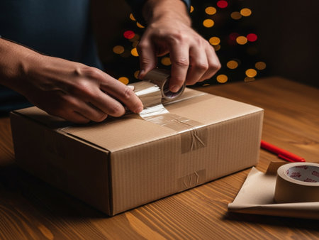 Cropped image of man packing parcel on wooden table in front of christmas treeの素材
