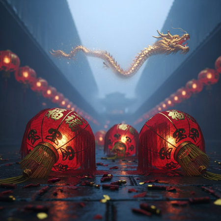Chinese New Year lanterns and dragon in the fog. 3D renderingの素材