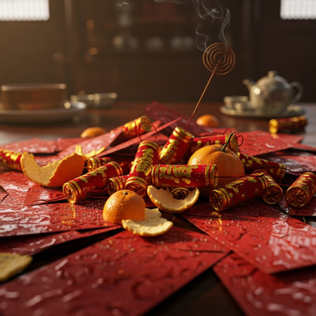 Chinese New Year decorations with tangerines and incense on wooden tableの素材