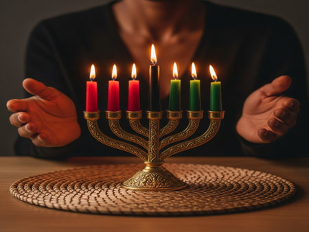 Jewish woman holding Hanukkah menorah with candles on dark backgroundの素材