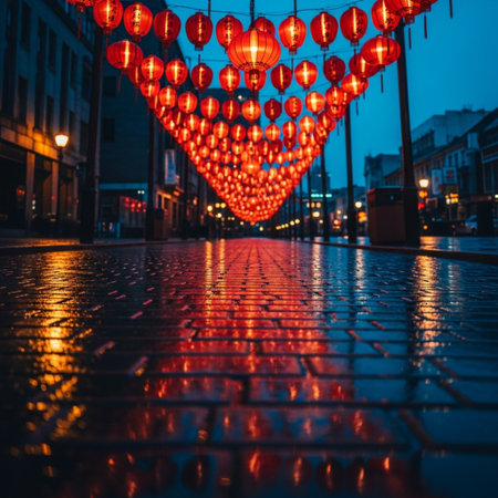 Red lanterns on the street in the center of the city.の素材