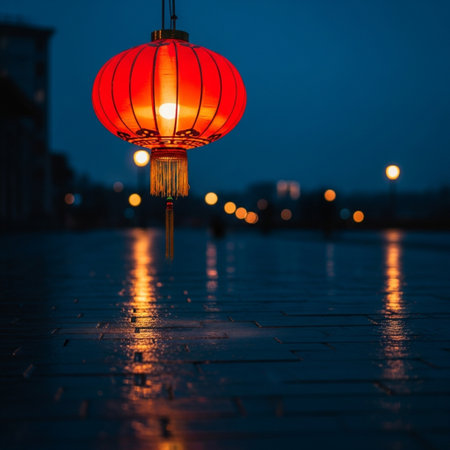 Red Chinese lantern on the street at night in Beijing, China.の素材