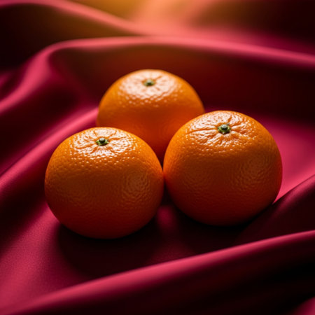 Tangerines on red satin background. Shallow depth of field.の素材