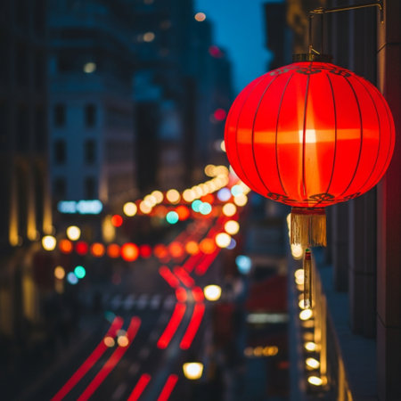 Red Chinese lantern on the background of the night street and the city.の素材
