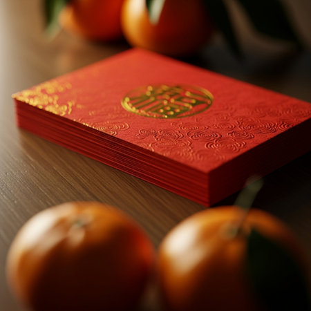 Chinese New Year card with mandarins on wooden background, closeupの素材