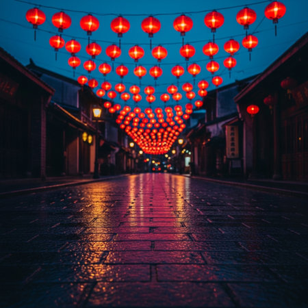 Red lanterns in the old town of Hoi An, Vietnamの素材