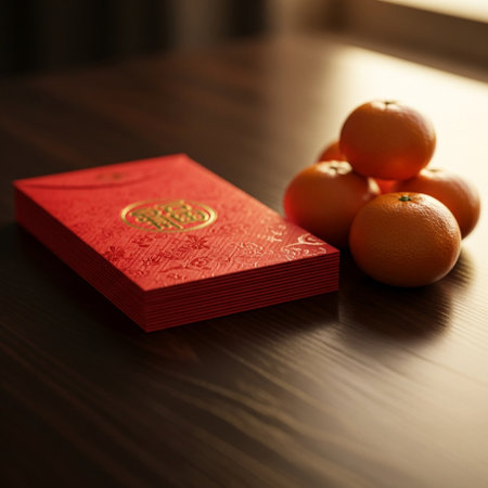 Chinese red envelope and mandarins on wooden table. Chinese new year conceptの素材