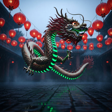 Chinese dragon with red lanterns in the night,3d renderingの素材