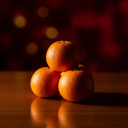 Tangerines on a wooden table with bokeh background.の素材
