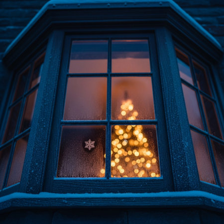 Christmas tree in the window of a house with snow and bokehの素材