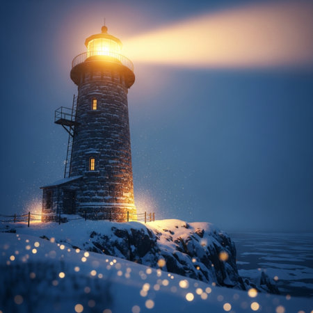 Winter landscape with a lighthouse on the rock in the snow. 3d renderingの素材