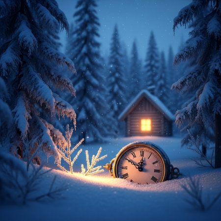 Vintage pocket watch in the winter forest. Christmas and New Year concept.の素材