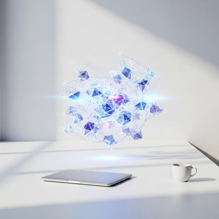 Laptop with abstract glowing polygonal network on white desktop. 3D Renderingの素材