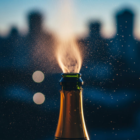 Champagne bottle with fire on blurred city background. Copy space.の素材