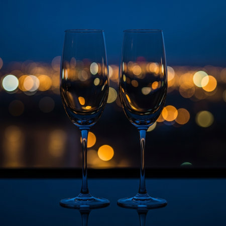 Two wine glasses against the background of the city and the night sky.の素材